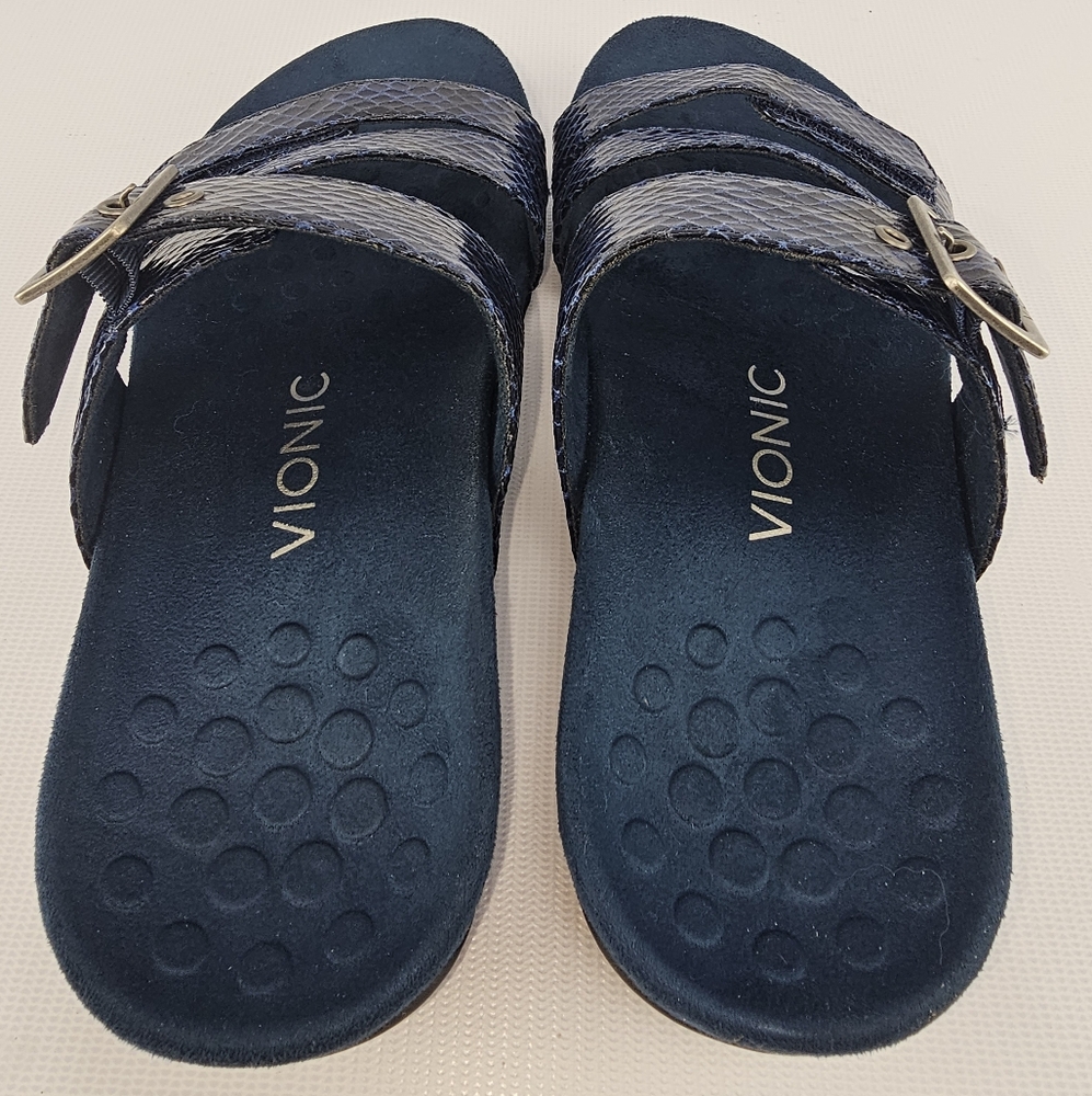 Vionic Skylar Women Adjustable Slide Orthotic Sandals Navy Snak Skin Embossed 7W - Picture 3 of 6
